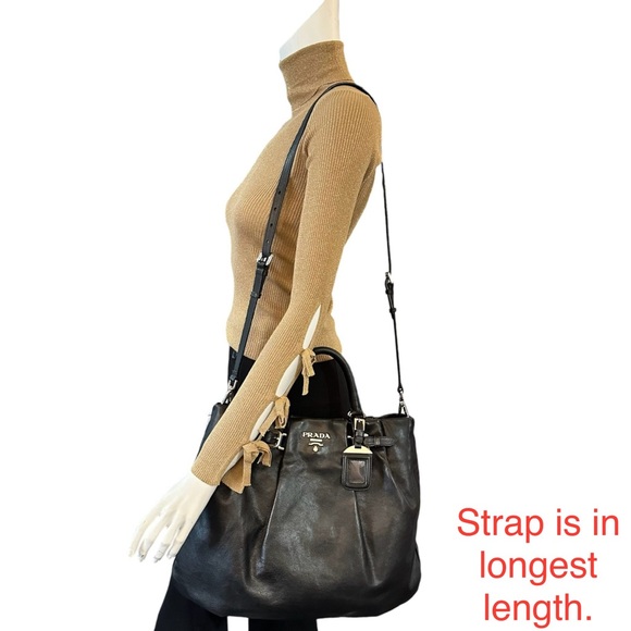 Prada Black Leather Shoulder Hand Bag Satchel Tote Soft Calf Skin Vintage - Picture 3 of 17